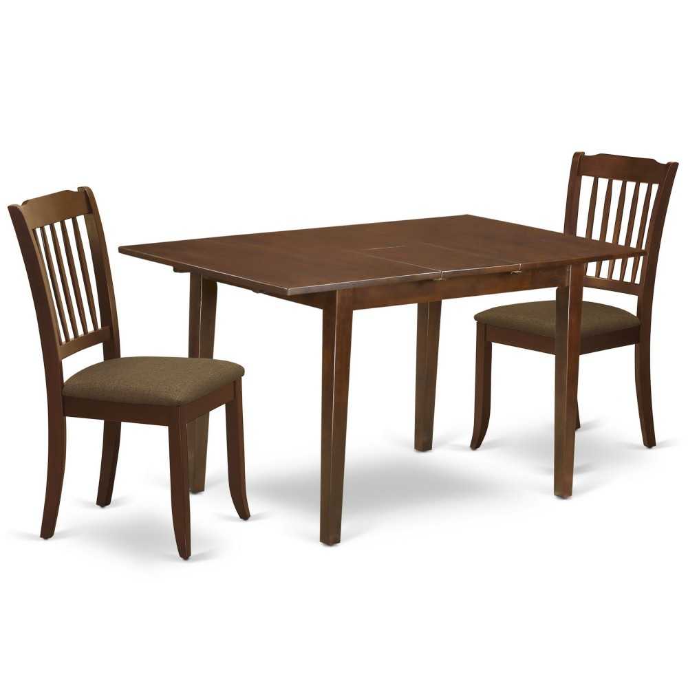 3Pc Dinette Set, Kitchen Table, Butterfly Leaf, Two Vertical Slatted Linen Seat Dining Chairs, Mahogany Finish