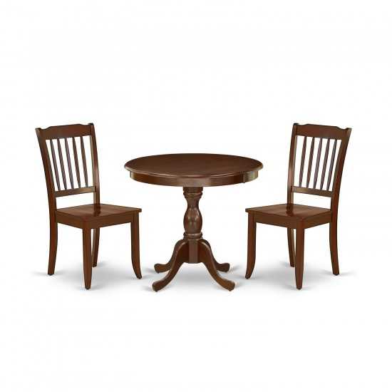 3 Pc Dinette Set, 1 Kitchen Table, 2 Mahogany Dining Chairs, Slatted Back, Mahogany Finish