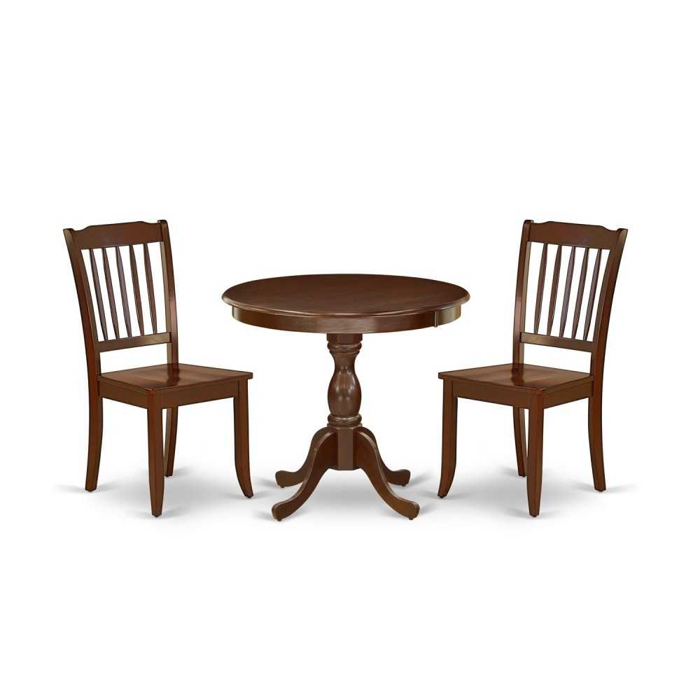 3 Pc Dinette Set, 1 Kitchen Table, 2 Mahogany Dining Chairs, Slatted Back, Mahogany Finish