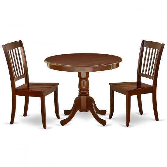 Anda3-Mah-W 3Pc Round 36 Inch Table And 2 Vertical Slatted Chairs