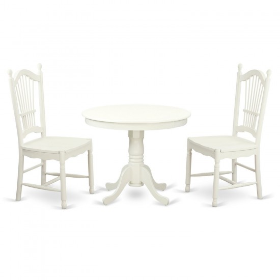 3 Pc Set, Round Table And 2 Wood Dinette Chairs, Stunning Linen White .