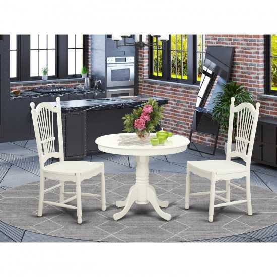 3 Pc Set, Round Table And 2 Wood Dinette Chairs, Stunning Linen White .