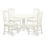 5 Pc Set With A Round Dinette Table And 4 Wood Dinette Chairs In Linen White