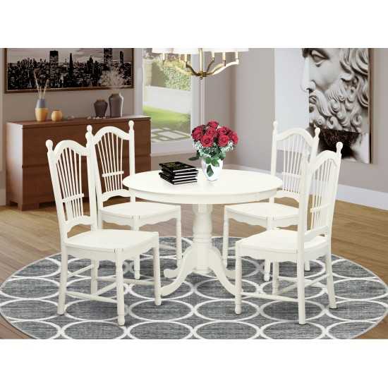 5 Pc Set With A Round Dinette Table And 4 Wood Dinette Chairs In Linen White