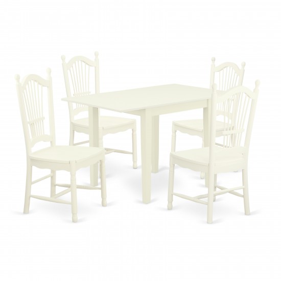 Dining Set 5 Pcs- 4 Chairs, Wood Table, Linen White Finish Hardwood Chair Seat, Linen White Finish Solid Wood Frame.