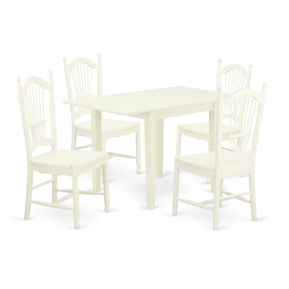 Dining Set 5 Pcs- 4 Chairs, Wood Table, Linen White Finish Hardwood Chair Seat, Linen White Finish Solid Wood Frame.