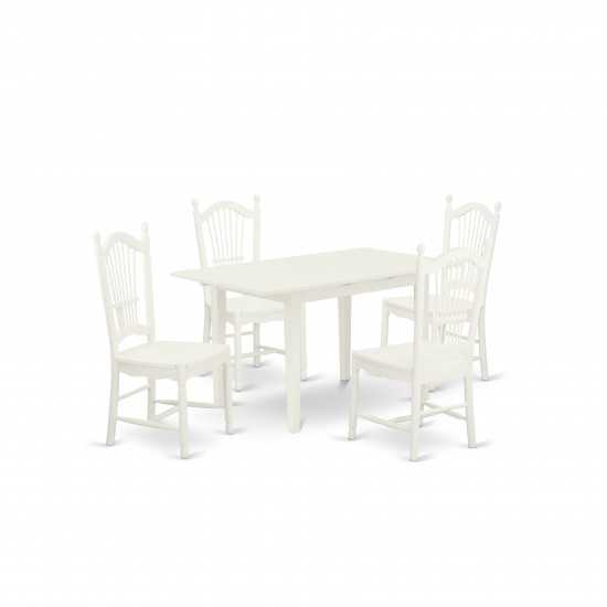 5Pc Kitchen Set 4 Chairs, Butterfly Leaf Wood Dining Table, Linen White