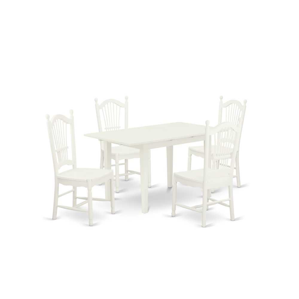 5Pc Kitchen Set 4 Chairs, Butterfly Leaf Wood Dining Table, Linen White