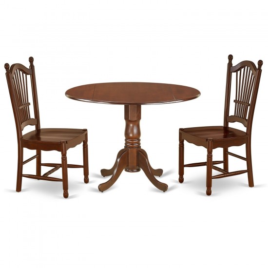 3Pc Rounded 42" Family Table, Two 9-Inch Drop Leaves And Two Wood Seat Chairs