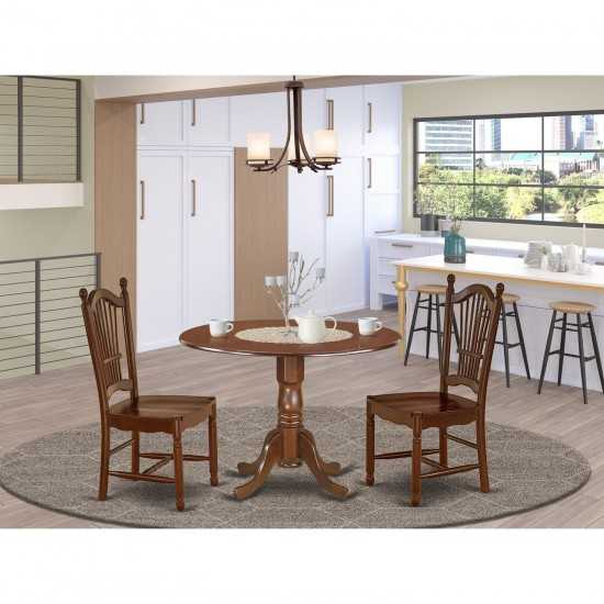 3Pc Rounded 42" Family Table, Two 9-Inch Drop Leaves And Two Wood Seat Chairs