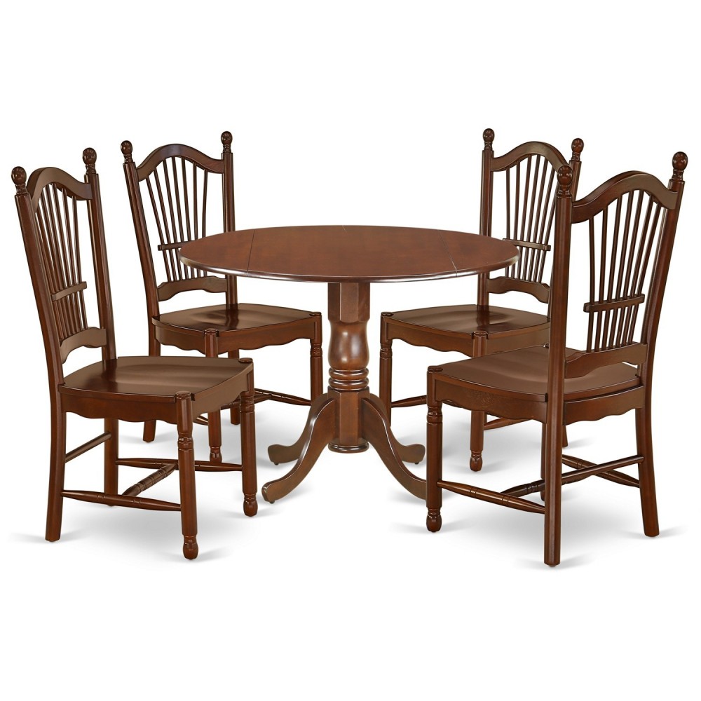 5Pc Rounded 42" Dining Table, Two 9-Inch Drop Leaves And Four Wood Seat Chairs