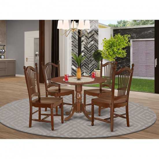 5Pc Rounded 42" Dining Table, Two 9-Inch Drop Leaves And Four Wood Seat Chairs