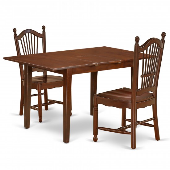 3Pc Rectangular 42/53.5" Dining Table, 12 In Self Storing Butterfly Leaf, Two Wood Seat Chairs