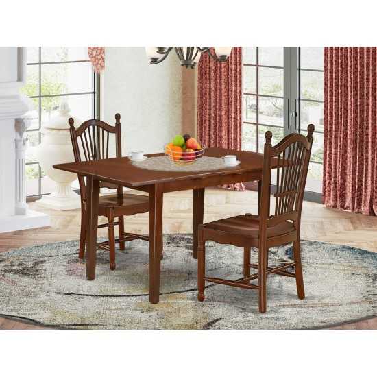 3Pc Rectangular 42/53.5" Dining Table, 12 In Self Storing Butterfly Leaf, Two Wood Seat Chairs