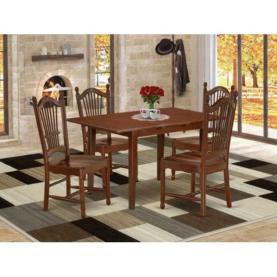 5Pc Rectangle 42/53.5 Inch Dinner Table With 12 In Leaf And 4 Wood Seat Chairs