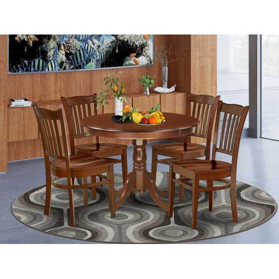 5Pc Round 42 Inch Dinner Table And Four Wood Seat Chairs