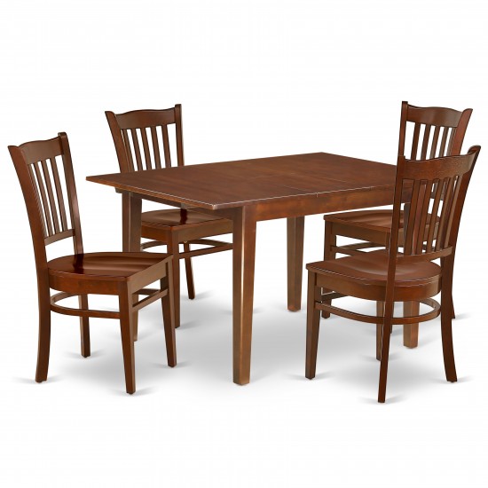 5Pc Rectangular 42/54" Family Table, 12 In Self Storing Butterfly Leaf, 4 Wood Seat Dining Chairs