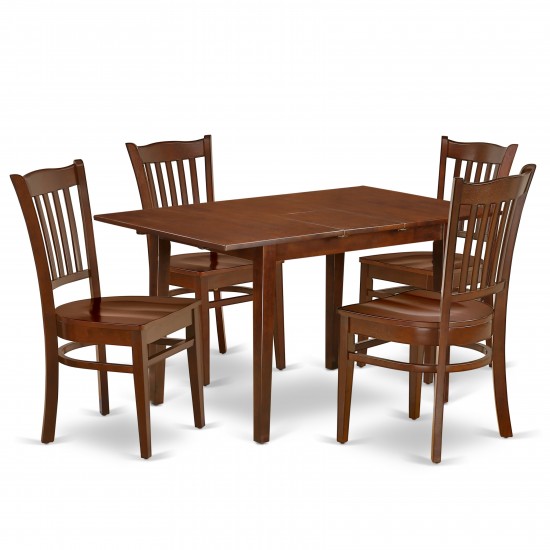 5Pc Rectangle 42/53.5" Kitchen Table, 12 In Leaf, Four Wood Seat Dining Chairs