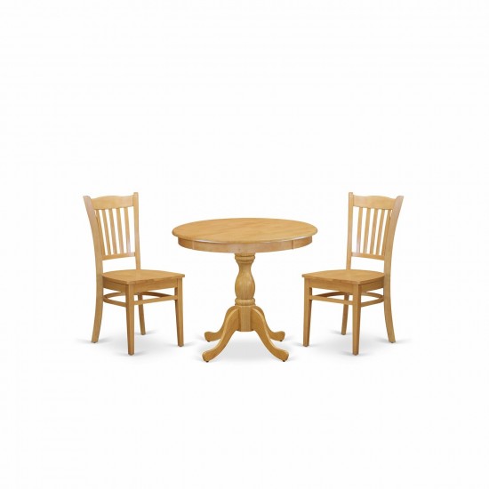 3 Pc Dining Set, 1 Round Pedestal Table, 2 Oak Chairs, Slatted Back, Oak Finish