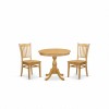 3 Pc Dining Set, 1 Round Pedestal Table, 2 Oak Chairs, Slatted Back, Oak Finish