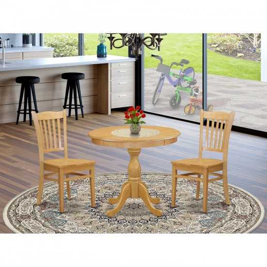 3 Pc Dining Set, 1 Round Pedestal Table, 2 Oak Chairs, Slatted Back, Oak Finish