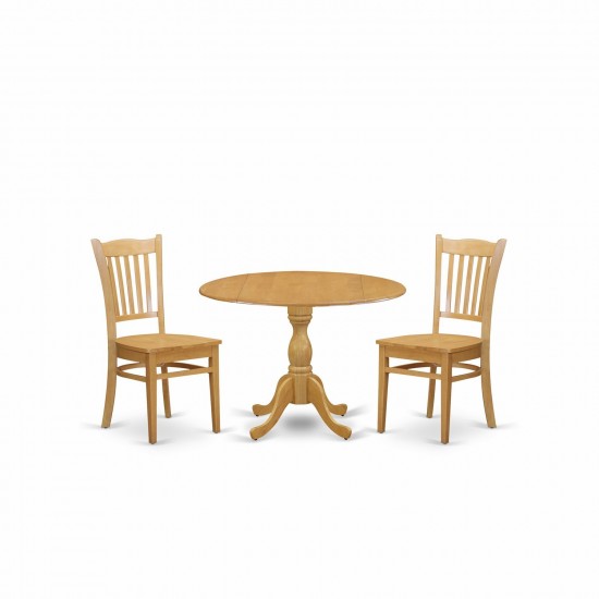 3 Pc Dining Set, Oak Table, 2 Oak Dining Chairs, Slatted Back, Oak Finish