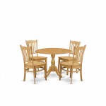 5 Pc Table, Chairs Dining Set, Oak Wood Dining Table, 4 Oak Wooden Dining Chairs, Slatted Back, Oak