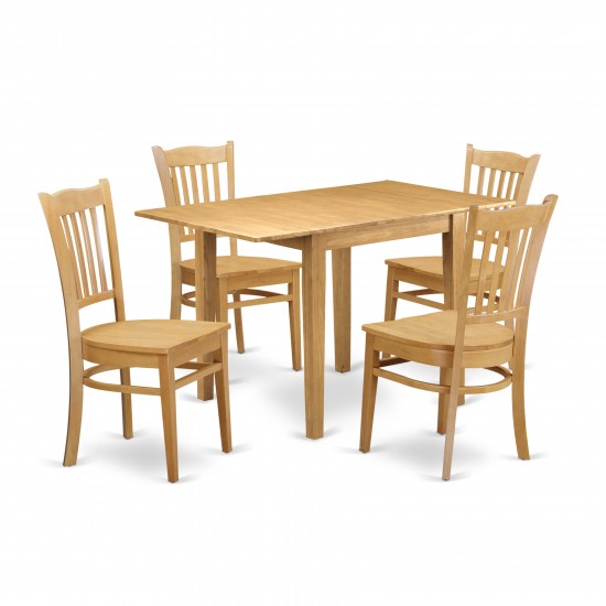 5Pc Dining Set, Table, 4 Dinette Chairs, Asian Hardwood Seat, Slat Back, Oak