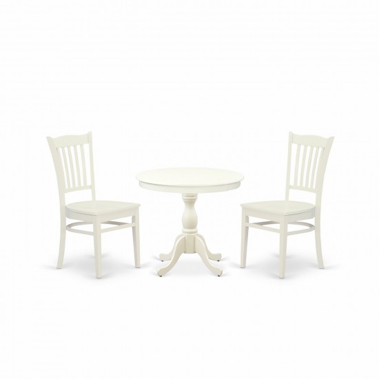 3 Pc Dining Set, 1 Round Pedestal Table, 2 Linen White Kitchen Chairs, Slatted Back, Linen White Finish