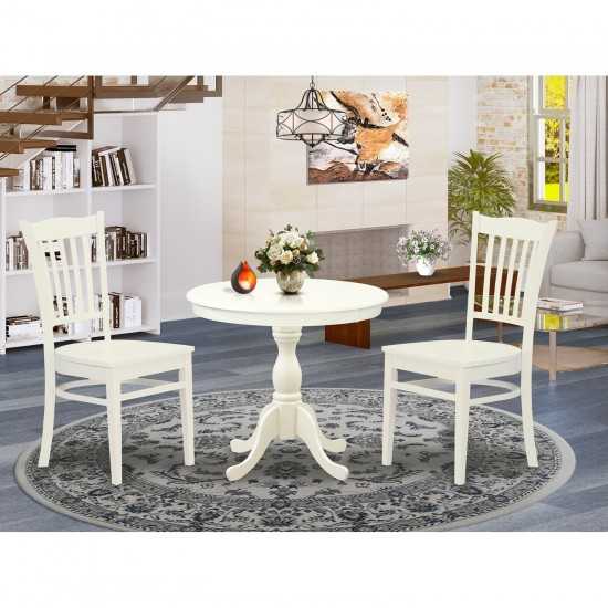 3 Pc Dining Set, 1 Round Pedestal Table, 2 Linen White Kitchen Chairs, Slatted Back, Linen White Finish