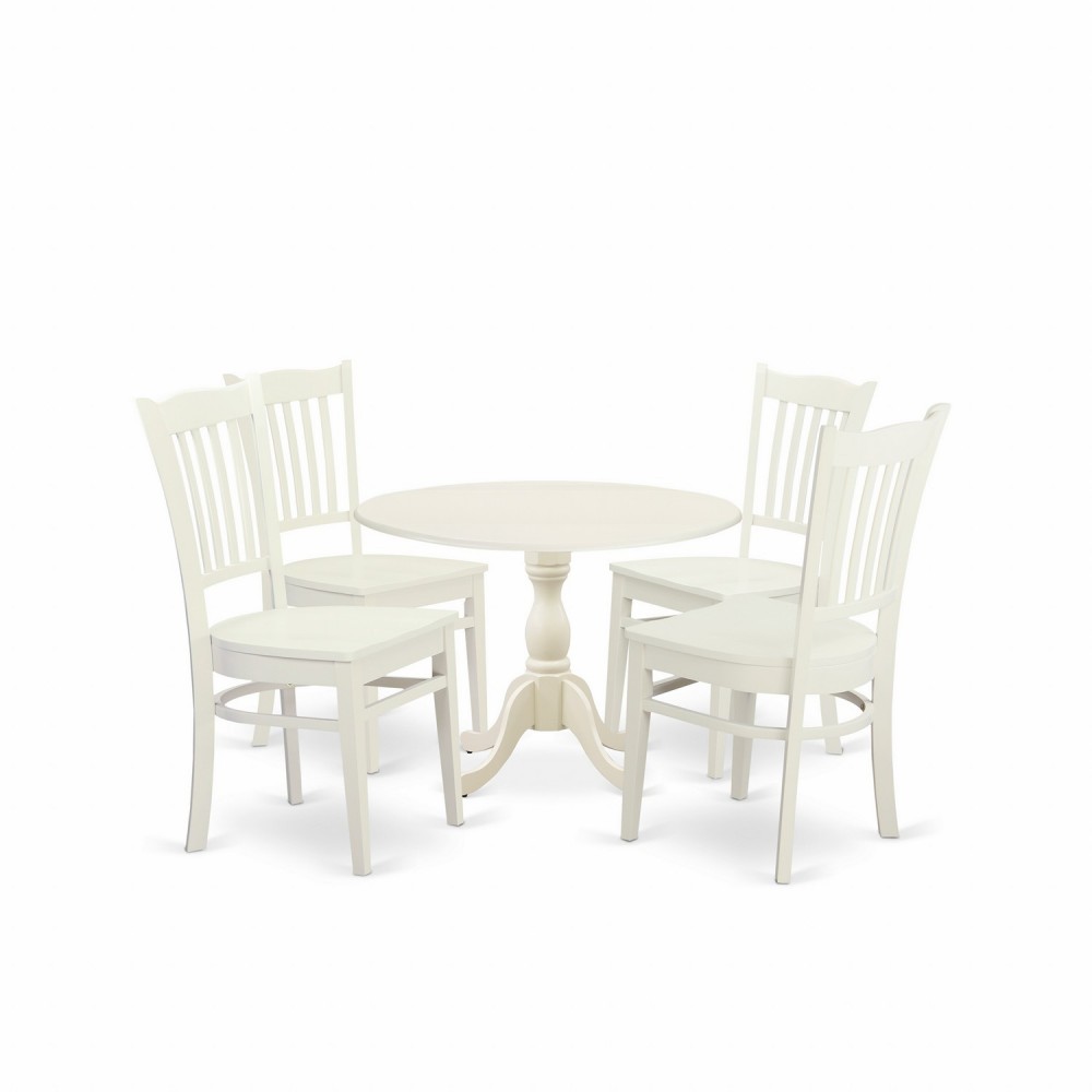 5 Pc Dining Set, 1 Drop Leaves Table, 4 Black Chairs, Slatted Back, Linen White