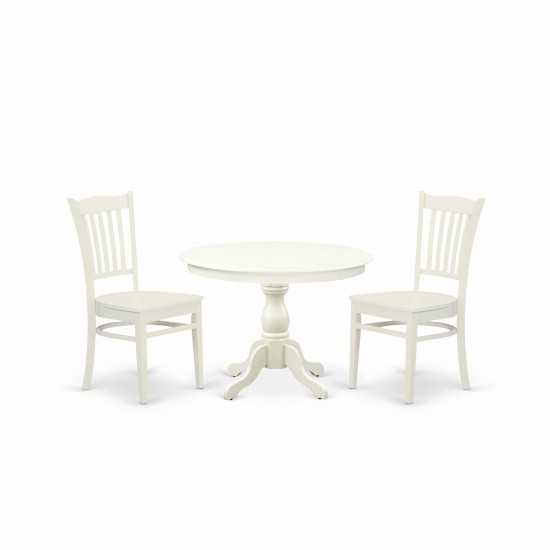 3 Pc Set, Linen White Round Dining Table, 2 Linen White Kitchen Chairs, Slatted Back, Linen White Finish