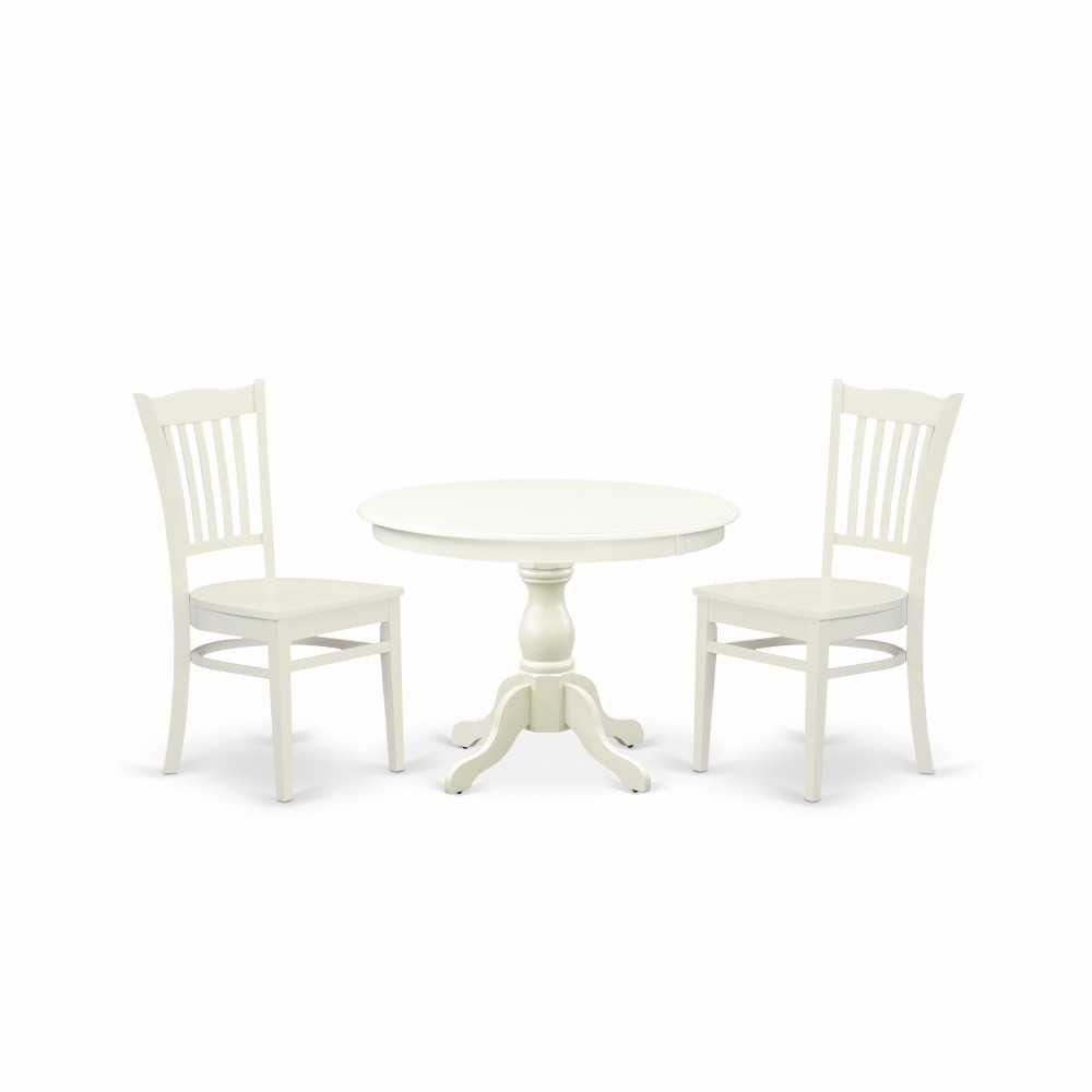 3 Pc Set, Linen White Round Dining Table, 2 Linen White Kitchen Chairs, Slatted Back, Linen White Finish