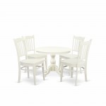 5 Pc Table, Chairs Dining Set, Linen White Wood Table, 4 Linen White Wooden Chairs, Slatted Back, Linen White