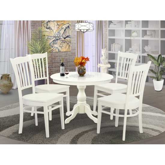 5 Pc Table, Chairs Dining Set, Linen White Wood Table, 4 Linen White Wooden Chairs, Slatted Back, Linen White