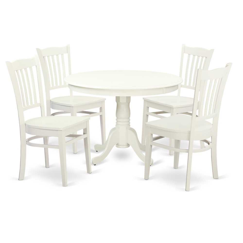 5 Pc Set With A Round Kitchen Table And 4 Wood Dinette Chairs In Linen White