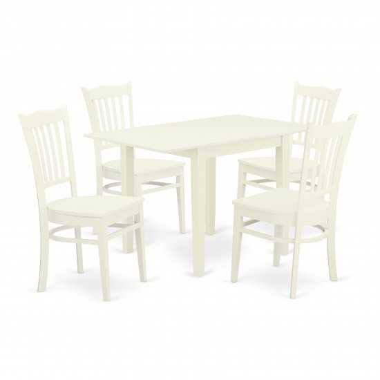 5Pc Dinette Set, Dining Table, 4 Dining Chair, Hard Wood Seat, Slat Back, Linen White