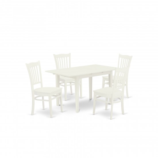 5Pc Wood Dinette Set 4 Dining Chairs, Butterfly Leaf Dining Table, Linen White