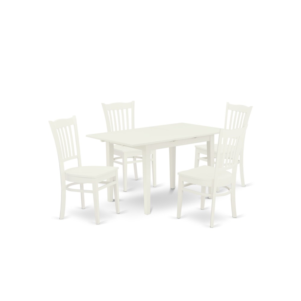 5Pc Wood Dinette Set 4 Dining Chairs, Butterfly Leaf Dining Table, Linen White