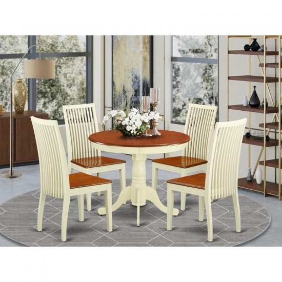 5 Pc Dining Set, Kitchen Table, 4 Wood Seat Kitchen Chairs In Buttermilk, Cherry