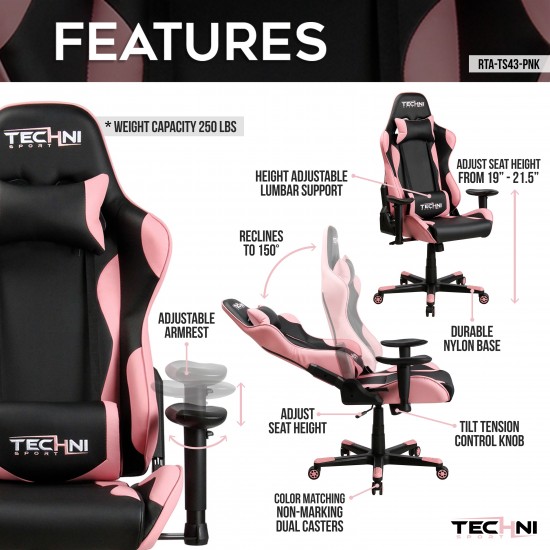 Techni Sport TS-4300 Ergonomic High Back Racer Style PC Gaming Chair, Pink