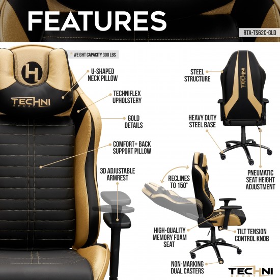 Techni Sport Ergonomic Racing Style Gaming Chair - Golden