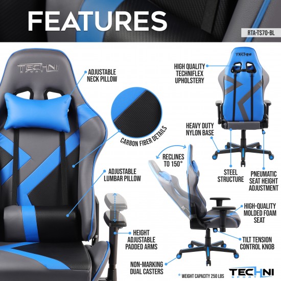 Techni Sport TS-70 Office-PC Gaming Chair, Blue