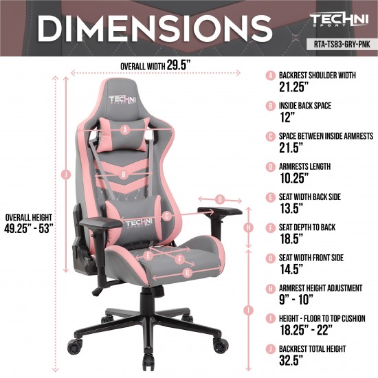 Techni Sport TS-83 Ergonomic High Back Racer Style PC Gaming Chair, Grey/Pink