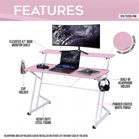 Techni Sport Computer Gaming Desk with Shelves - Pink