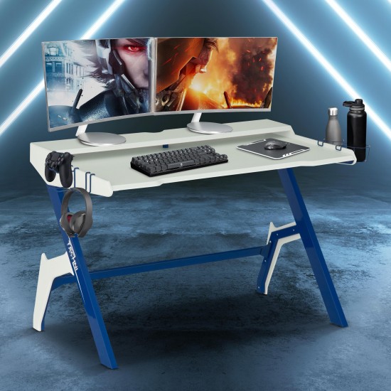 Techni Sport Ergonomic Computer Gaming Desk Workstation with Cupholder & Headphone Hook, Blue