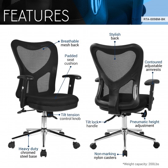 Techni Mobili High Back Mesh Office Chair With Chrome Base, Black
