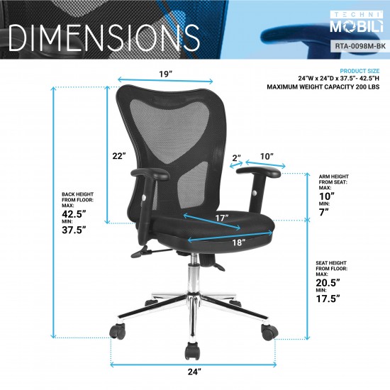 Techni Mobili High Back Mesh Office Chair With Chrome Base, Black