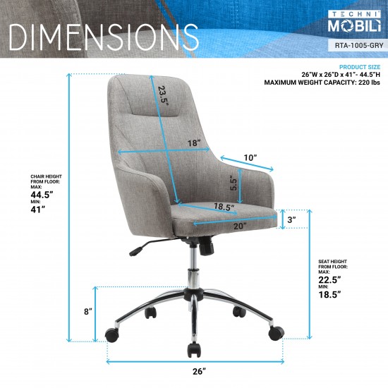 Techni Mobili Comfy Height Adjustable Rolling Office Desk Chair with Wheels