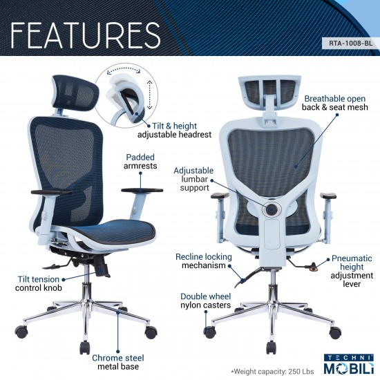 The Techni Mobili High Back Executive Mesh Office Chair with Arms, Headrest and Lumbar Support, Blue